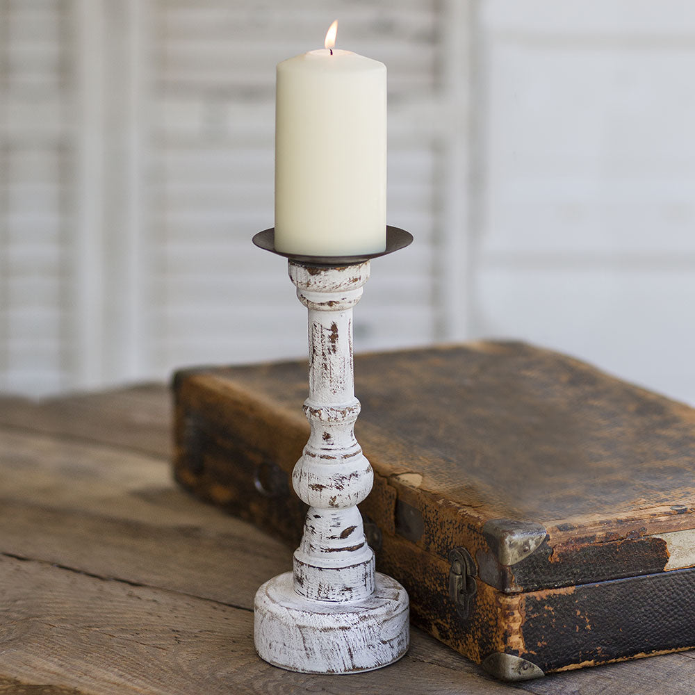 Distressed White Wood Candlestick from One Cottage Way Coastal Farmhouse Decor