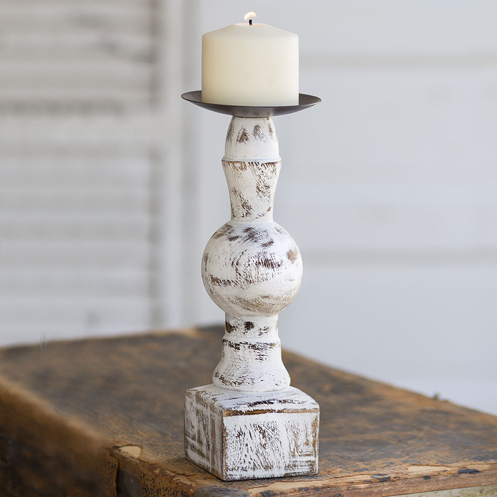 Distressed White Wooden Candlestick from One Cottage Way Coastal Farmhouse Decor
