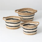 set of 3 seagrass nesting baskets with handles and black and white woven stripes
