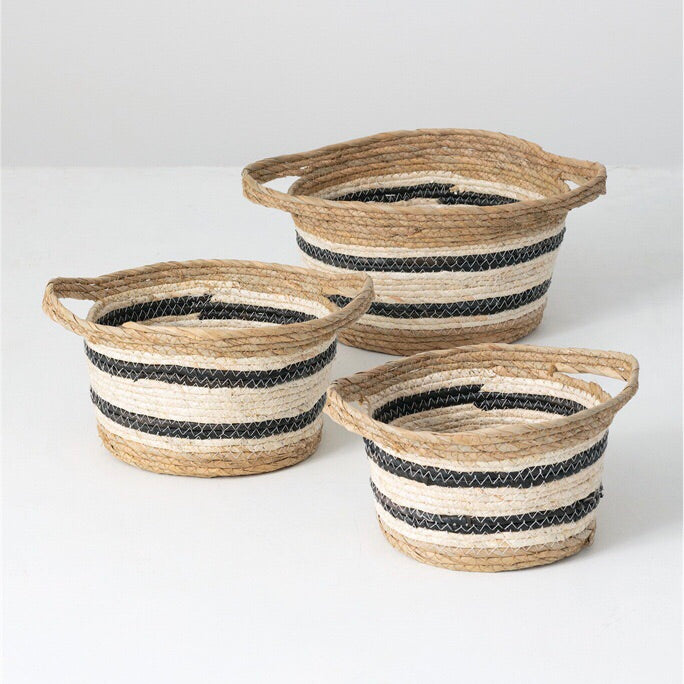 set of 3 seagrass nesting baskets with handles and black and white woven stripes