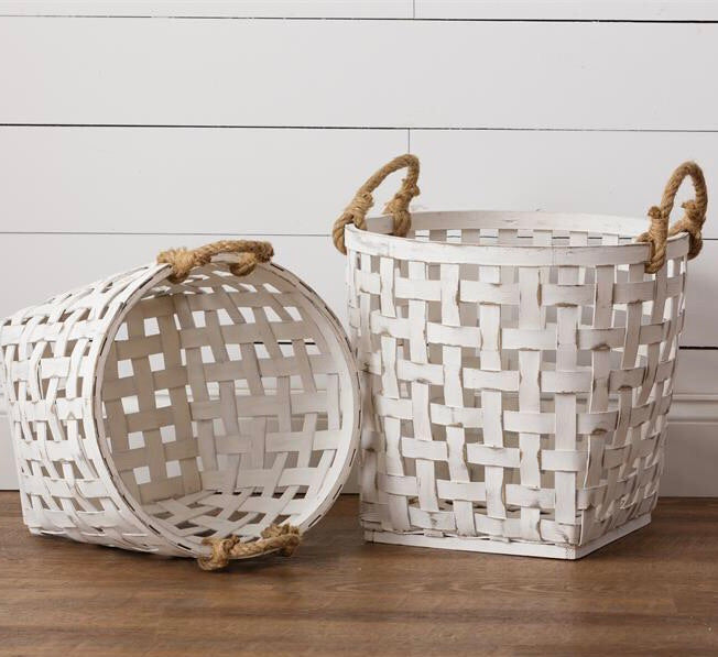 Set of 2 Distressed White Tobacco Weave Baskets with rope handles from one cottage way coastal farmhouse decor