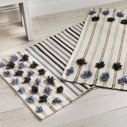 Mud Pie Navy Blue and White Striped Pom Pom Rugs from One Cottage Way Coastal Farmhouse Decoe