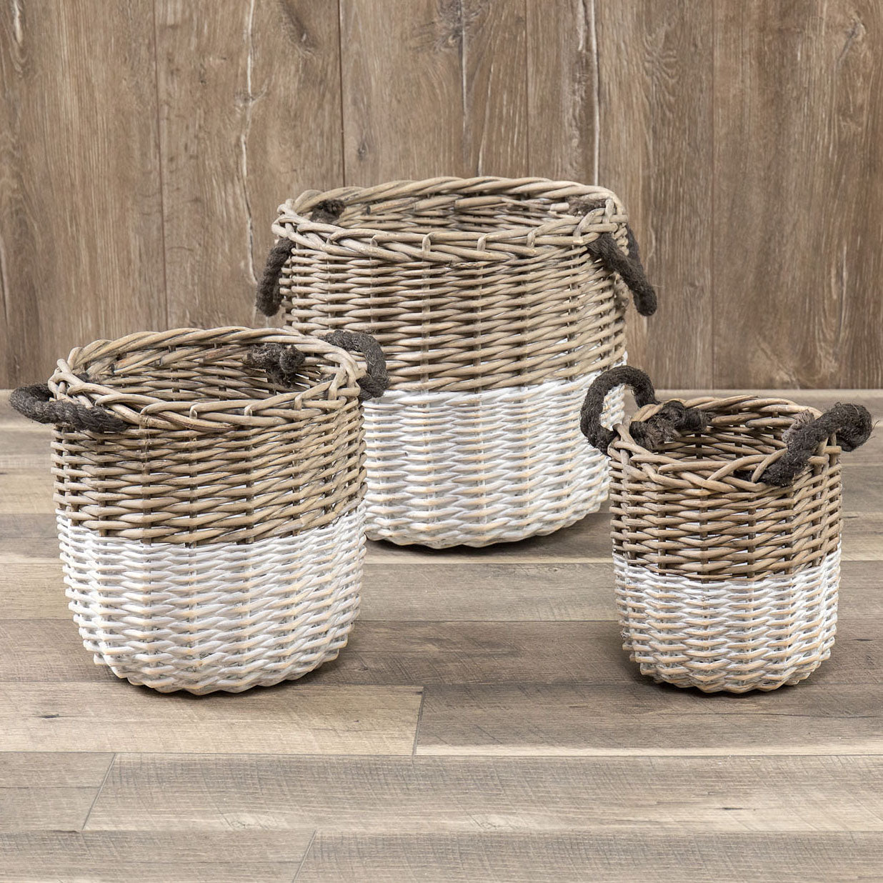 Set of 3 Wicker Farmhouse Baskets with White Bottoms and rope handles from One Cottage Way Coastal Farmhouse Decor