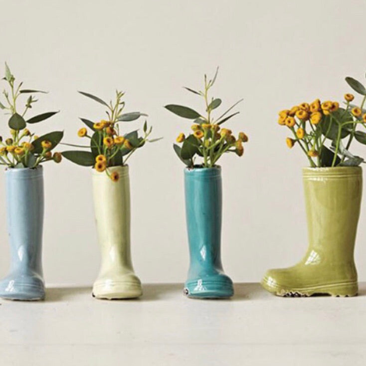 Pastel Colored Rainboot Bud Vases from One Cottage Way Home Goods and Gifts