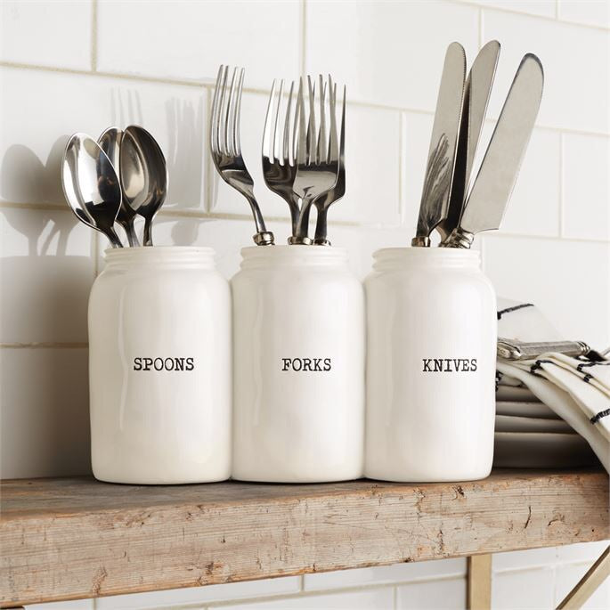 Mud Pie white ceramic utensil holder with FORKS, KNIVES, SPOONS in black font, from One Cottage Way