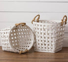 Set of 2 Distressed White Tobacco Weave Baskets with rope handles from one cottage way coastal farmhouse decor