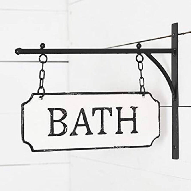 Hanging black and white metal bath sign from One Cottage Way